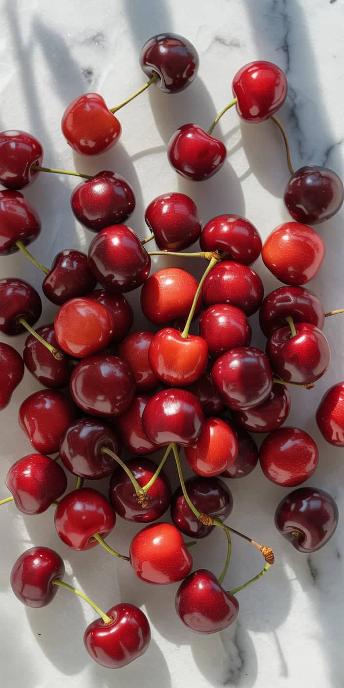 A vibrant collection of fresh cherries lays scattered on a sunlit white marble surface, their rich red hues glowing under natural daylight. The mix of dark and light reds paired with long, soft shadows creates a high-contrast and eye-catching cherry background aesthetic. This wallpaper is ideal for iPhones and Samsung devices, offering a trendy and energetic pink and red wallpaper iPhone vibe that’s perfect for summer.