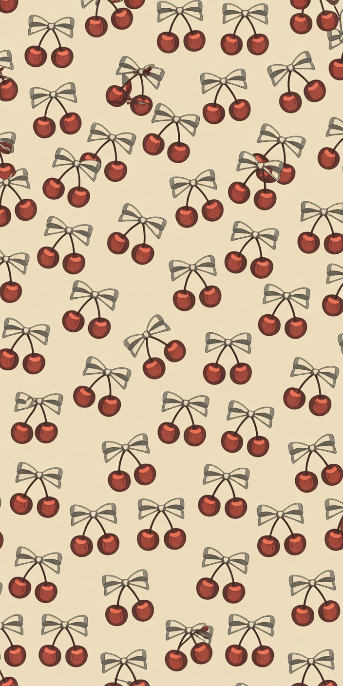 A glossy take on the classic cherry-and-bow combo, this wallpaper features shiny red cherries tied with pale blue bows on a soft cream backdrop. The subtle shine on the fruit adds depth, making it a trendy choice for cherry home screen wallpaper or a cherry background aesthetic. It’s both cute and polished—perfect for a chic iPhone look.