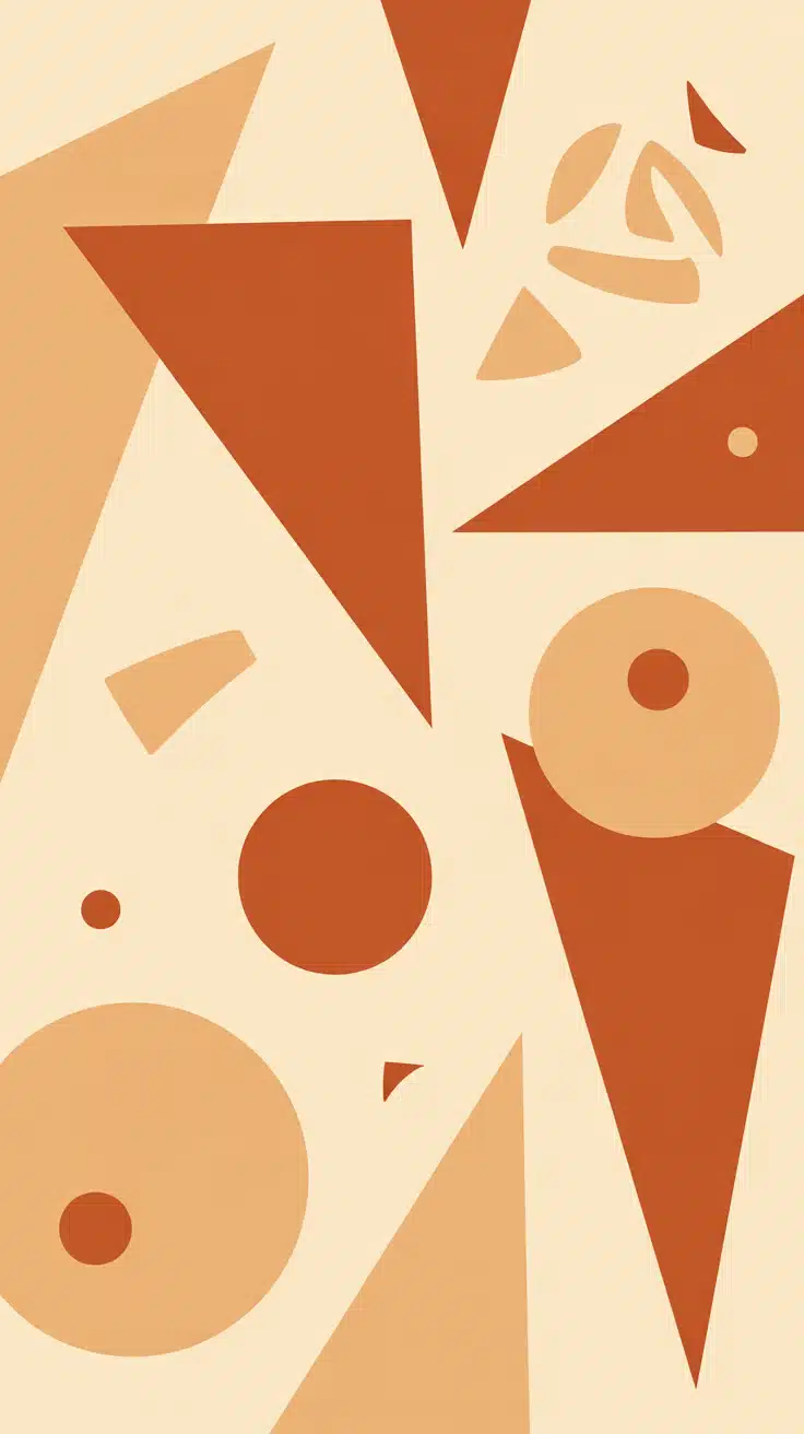 This abstract wallpaper features a playful arrangement of bold orange triangles, circles, and organic shapes set against a creamy beige background. The high-contrast layout and warm tones make it a standout choice for fans of orange wallpaper backgrounds and phone wallpaper patterns. Designed with modern tastes in mind, this wallpaper adds a creative and upbeat vibe to iPhones and Android devices alike.