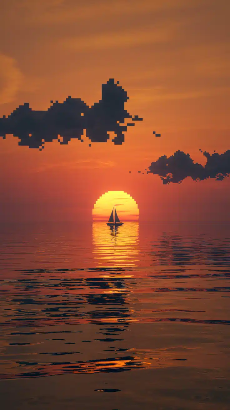 A warm and dreamy wallpaper depicting a pixel-style sunset with a sailboat gliding across orange-tinted waters beneath stylized clouds. This digital composition blends nostalgic video game aesthetics with serene natural beauty. It's perfect for anyone who appreciates neon orange aesthetic and orange phone wallpaper that balances soft lighting with vivid orange tones.
