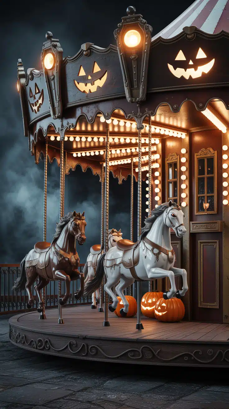A delightfully eerie carousel glows in the night, decorated with carved jack-o’-lanterns and vintage-style horses under pumpkin-lit panels. This haunted carnival scene blends retro Halloween wallpaper vibes with playful Halloween imagery. The dramatic lighting and misty background create an enchanted atmosphere, ideal for Halloween wallpaper backgrounds. It’s a spooky and magical moment frozen in time, perfect for smartphone screens.