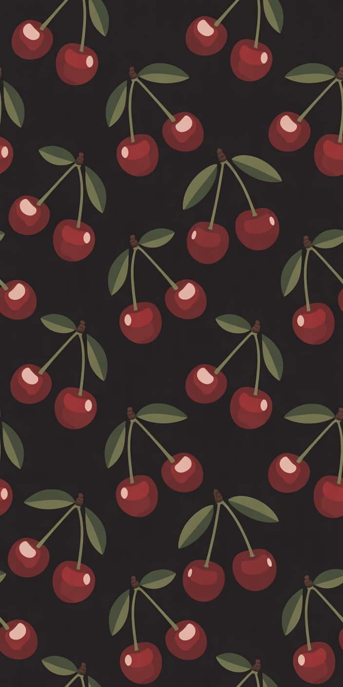 This dark aesthetic wallpaper showcases a repeating pattern of bright red cherry pairs with green leaves against a deep black background. The high contrast between the cherries and the backdrop enhances the cherry background aesthetic, making it ideal for a sleek and cute cherry phone wallpaper. This design works beautifully on iPhone lockscreens, adding a touch of bold simplicity to your home screen.