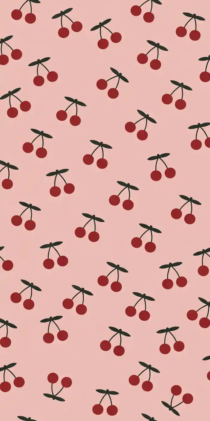 A minimal and cute cherry pattern featuring simplified red cherry icons and black stems on a light pink background. The clean lines and tiny repeating graphics make this a charming cute cherries design, ideal for iPhone lock or home screens. It’s a soft and simple pink cherry wallpaper iPhone option for fans of minimalist aesthetics.