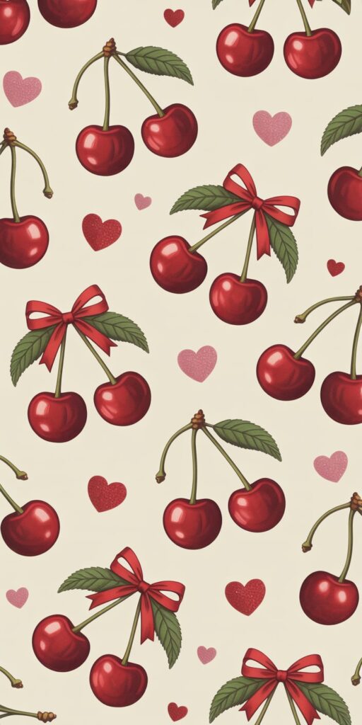 This romantic cherry wallpaper features large glossy cherries tied with red ribbons and paired with pink and red hearts on a soft cream background. The detailed leaves and sweet composition make it a standout cherry print background or cherry phone wallpaper. Perfect for adding flirty fun and fruity flair to your iPhone screen.