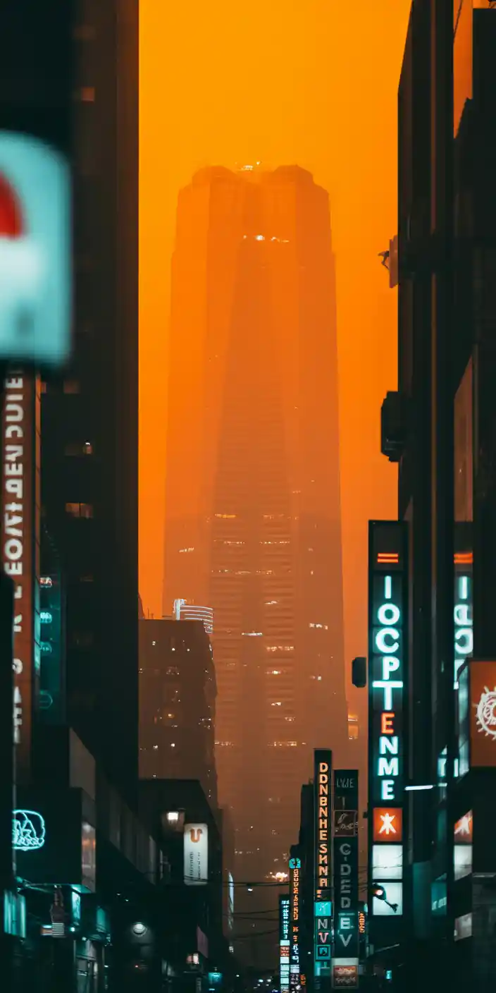 This bold, high-contrast wallpaper captures a glowing skyscraper under a neon orange sky, surrounded by dark city buildings and illuminated signage. It’s a perfect fit for lovers of neon orange and black and orange phone wallpaper aesthetics. The futuristic tone and striking palette make it ideal for urban-style lock screens.