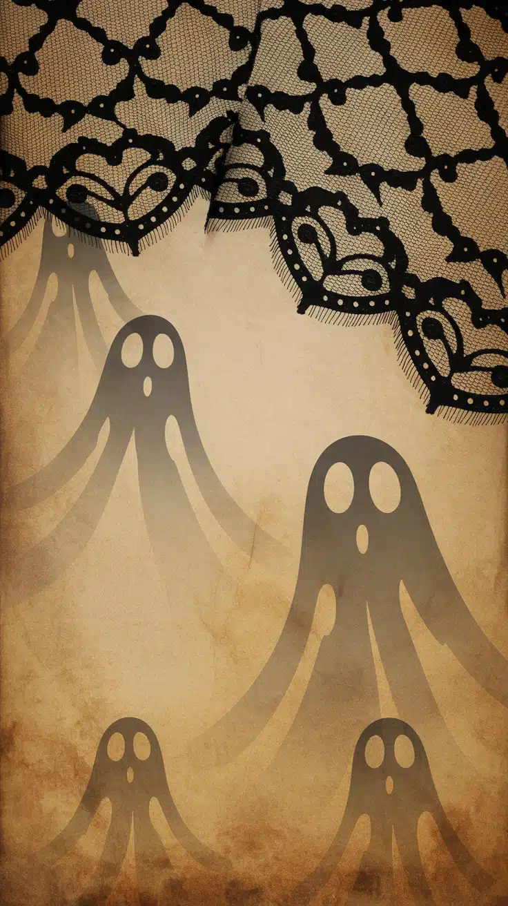 This playful ghost wallpaper features cute vintage spirits drifting beneath a lace border, giving off that cozy old-fashioned charm. If you're into Halloween wallpaper cute and want something soft and nostalgic, this one totally fits the mood. The parchment tones make it feel like a haunted letter from the past. A must-have for fans of vintage Halloween art!