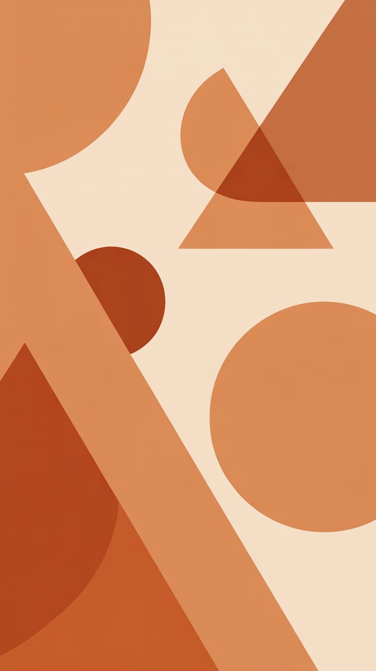 A stunning display of burnt orange and beige tones, this minimalist wallpaper features layered geometric shapes including triangles, circles, and diagonal lines. With its muted palette and sleek abstract design, it fits perfectly within the bright minimalist wallpaper and burnt orange aesthetic wallpaper categories. Ideal for iPhone users looking for a subtle yet stylish background, this composition offers an artsy and calming visual that still makes a statement.