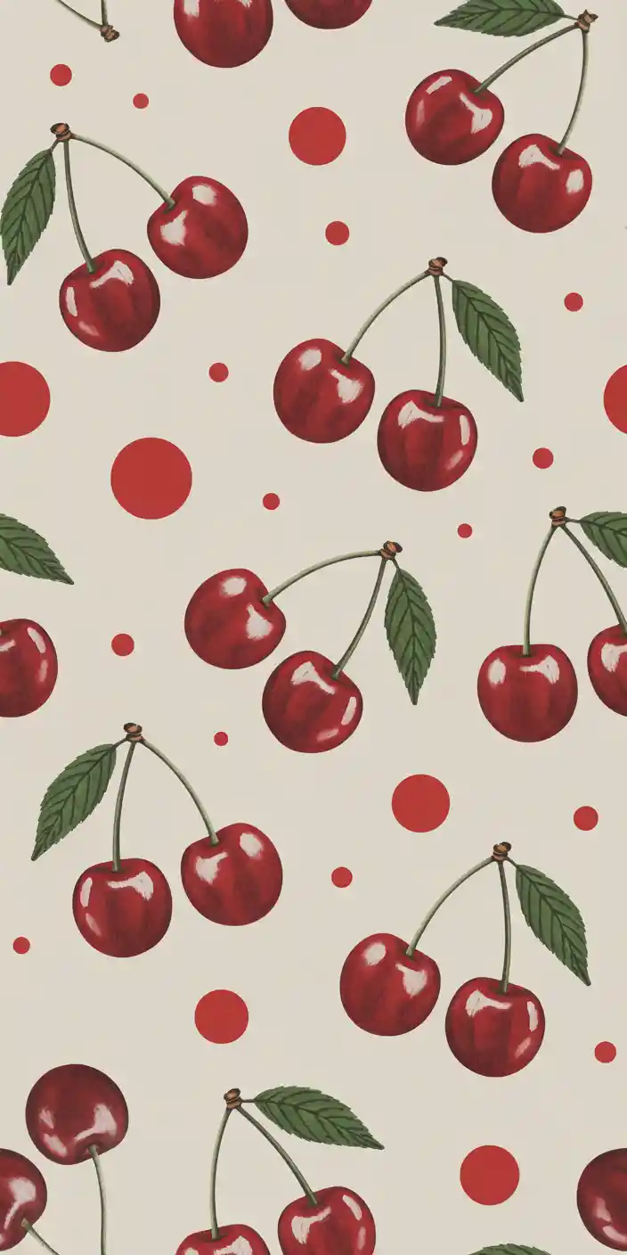 This stylish cherry wallpaper features watercolor-style red cherries with green leaves and scattered red polka dots over a soft beige backdrop. The artistic repeat pattern makes it a cheerful and eye-catching aesthetic cherry wallpaper. Designed for iPhone screens, it’s a cute and energetic option for fans of cherries pattern and bold visual themes.