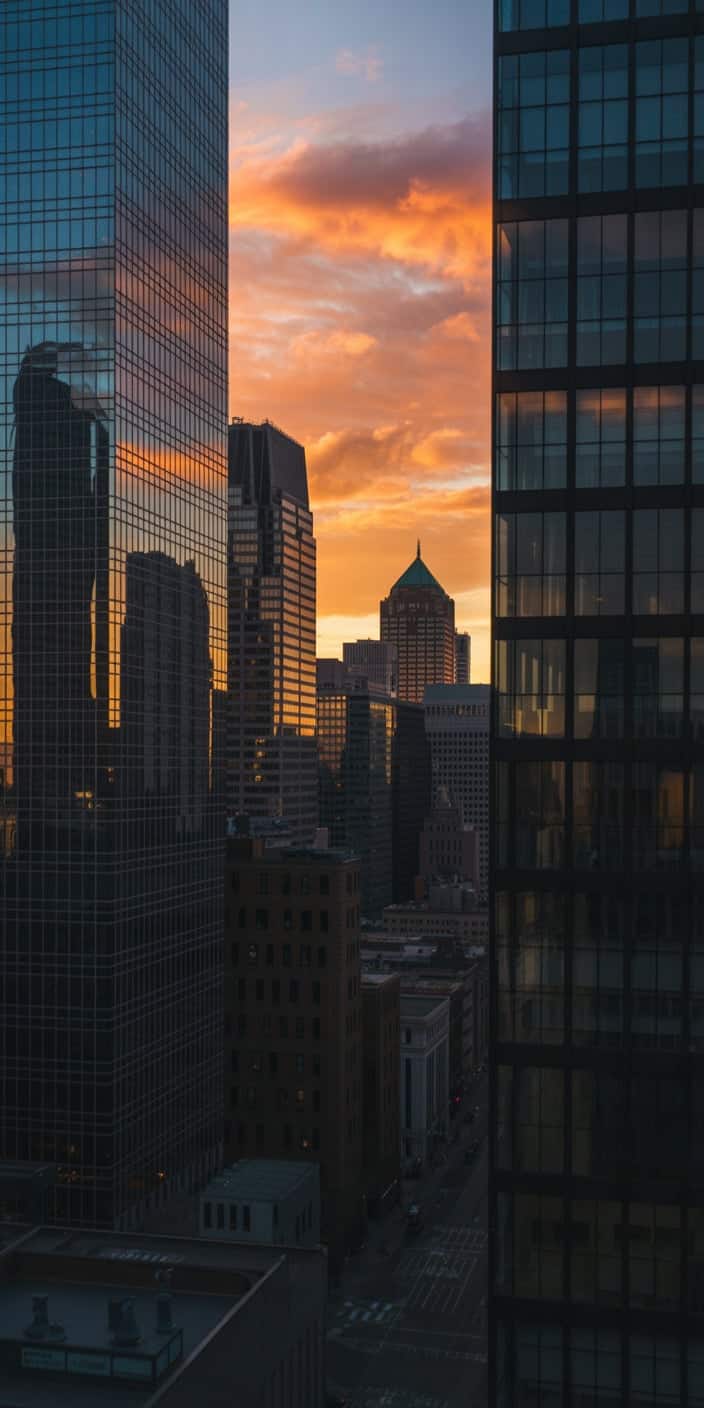 This stunning urban wallpaper captures a fiery orange sunset reflected between towering glass skyscrapers. The image blends crisp architectural lines with a glowing sky, making it perfect for fans of orange aesthetic and orange wallpaper iphone aesthetic. The dramatic contrast between city structures and warm sky tones adds a touch of energy and elegance to your smartphone screen.