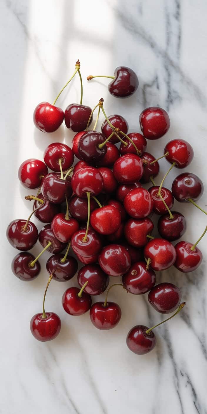 A luscious pile of ripe red cherries rests on a smooth white marble surface, their glossy skins reflecting natural light in a beautifully crisp and clean composition. This wallpaper highlights the vibrant contrast between the dark red cherries and the bright background, creating an elegant and minimalist cherry wallpaper iPhone look. Perfect for users who appreciate food photography and the polished simplicity of cherry aesthetic wallpaper.