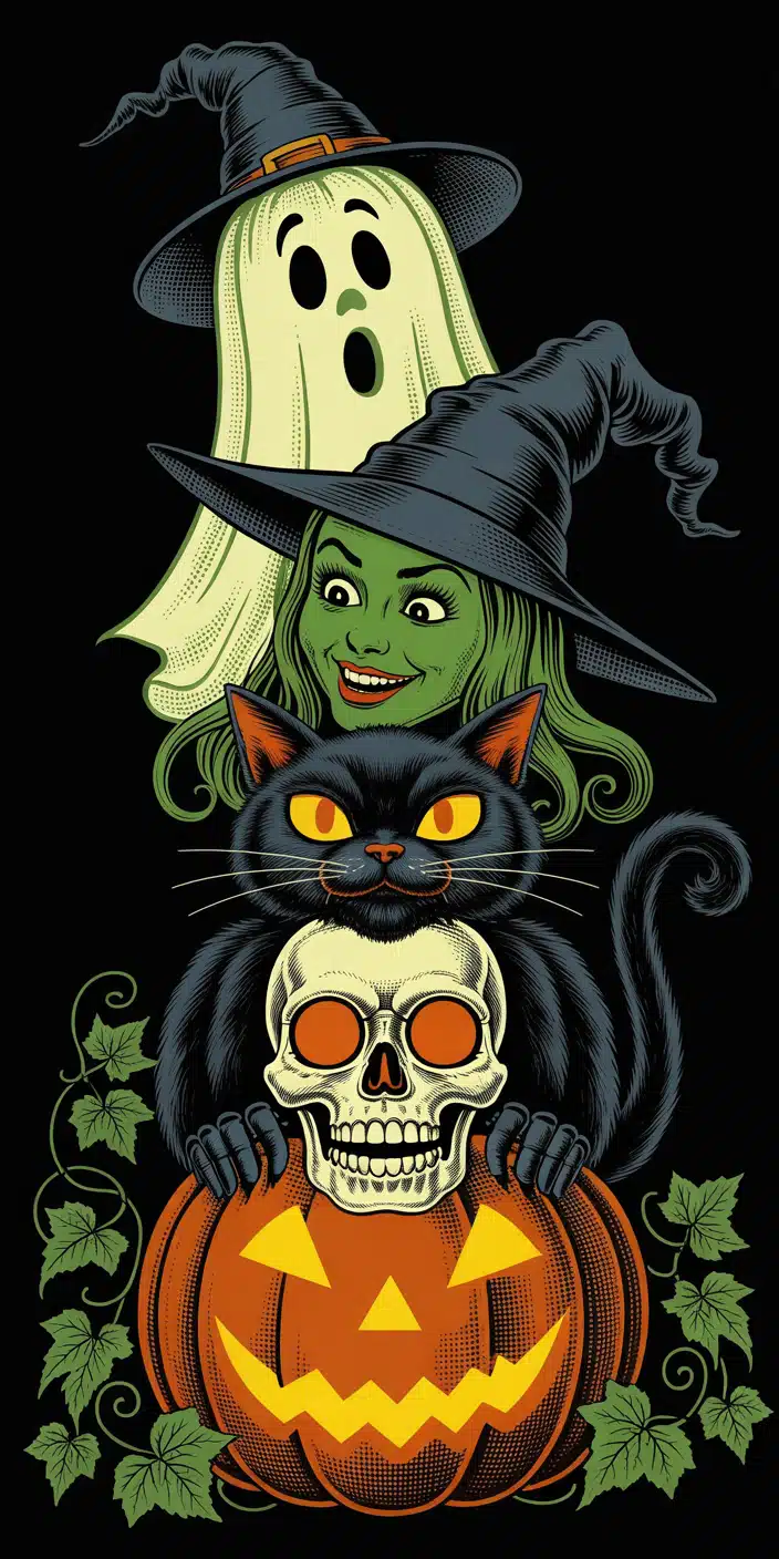 This fun and edgy Halloween totem design layers a ghost in a witch hat, a green-faced witch, a black cat, a skull, and a carved pumpkin, all against a bold black background. The graphic style and vintage color scheme create a striking and nostalgic visual perfect for Halloween wallpaper edgy lovers. A great pick for those who enjoy vintage Halloween art wallpaper iPhone style.