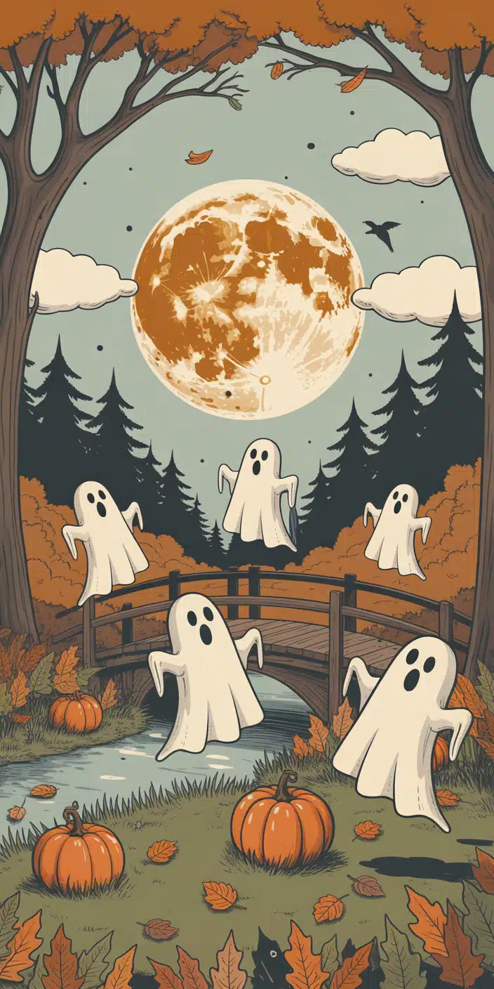 A dreamy Halloween illustration shows five charming ghosts floating across a rustic bridge surrounded by pumpkins, fallen leaves, and autumn trees. A glowing full moon and moody sky add a nostalgic touch to this vintage spooky wallpaper, ideal for anyone who loves cozy Halloween scenes. This enchanting design is a top pick for Halloween aesthetic wallpaper iPhone lovers.