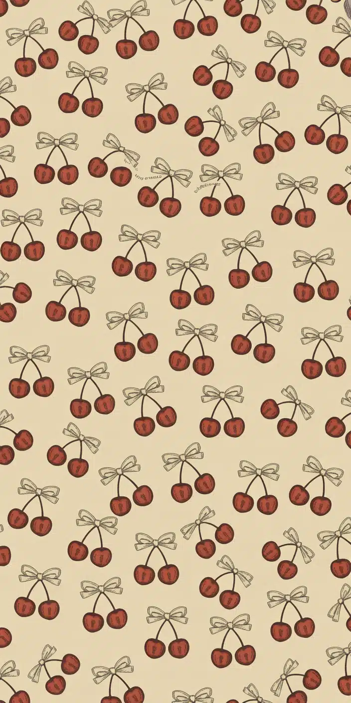 This vintage-style wallpaper features hand-drawn cherry pairs tied with delicate cream bows on a pale yellow background. The sketch-like lines and slightly muted red tones give it a nostalgic, whimsical charm perfect for a cherry lockscreen or soft cherry wallpaper aesthetic. It’s a beautiful mix of cuteness and retro flair, ideal for iPhone users who love playful, artistic themes.