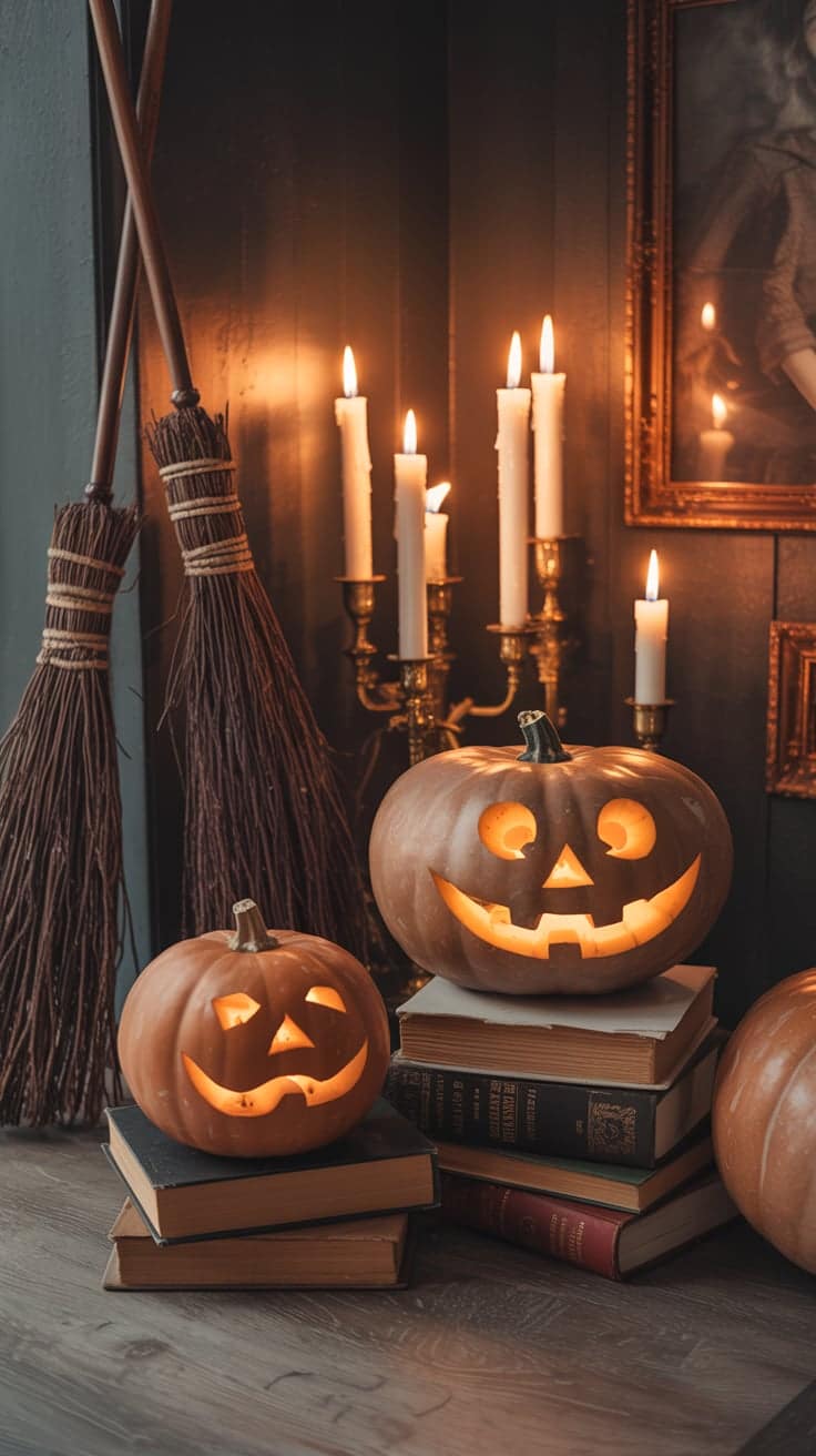 This cozy Halloween scene features three glowing jack-o’-lanterns placed on stacks of vintage books, surrounded by taper candles, broomsticks, and warm wooden textures. The lighting creates a soft, inviting ambiance that perfectly blends vintage Halloween iPhone wallpaper charm with subtle witchy vibes. This composition brings out the warmth of fall and the magic of the season, making it a perfect choice for Halloween aesthetic wallpaper iPhone lovers. It’s both spooky and comforting for your smartphone.