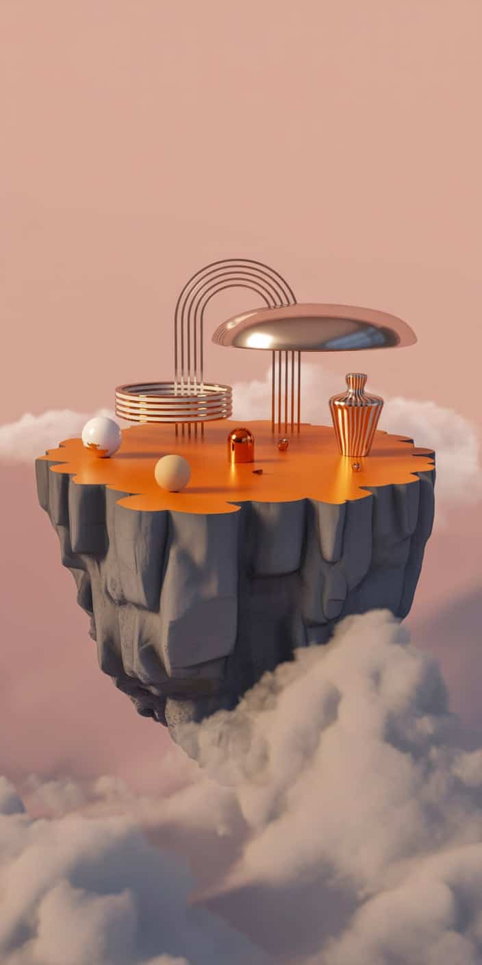 This dreamy 3D wallpaper shows a surreal floating platform with metallic and matte orange design elements, surrounded by soft pink clouds. The composition is playful and futuristic, a great match for the orange cute wallpaper and orange locksreen aesthetic style. Perfect for anyone looking to blend fantasy and minimalism in their phone’s look.