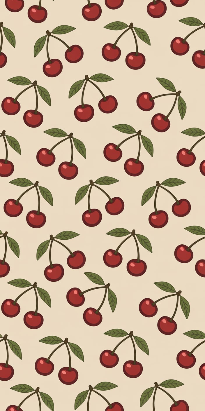 This illustrated wallpaper showcases bold red cherries with double green leaves on a soft beige background in a repeating pattern. The hand-drawn style adds charm, while the neat repetition makes it visually pleasing as a cherries aesthetic wallpaper. Great for anyone wanting a cherry wallpaper iPhone that’s cute yet clean.