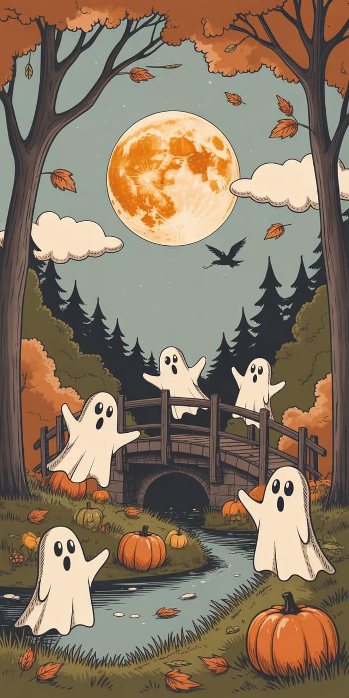 This adorable Halloween scene features five cartoon ghosts playfully floating around a wooden bridge under a glowing orange full moon. Surrounded by carved pumpkins, falling leaves, and towering autumn trees, this design radiates cozy charm and nostalgia. Perfect for fans of cute vintage Halloween wallpaper and Halloween wallpaper backgrounds vintage, it's a delightful pick for iPhone screens this October.