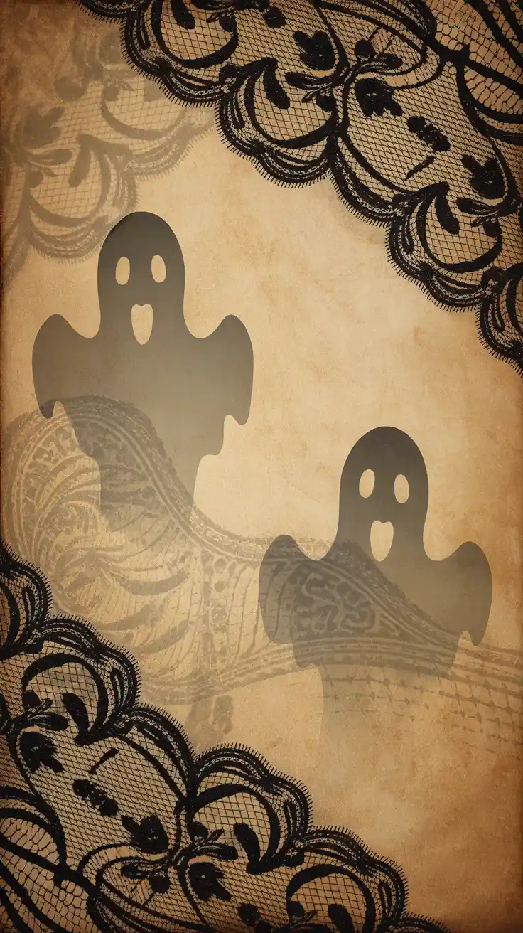 A whimsical pattern of vintage cartoon ghosts floats across a sepia-toned parchment background, framed by intricate black lace. The wallpaper has a charming handmade quality that evokes vintage Halloween art and a soft spooky feel. It’s an ideal Halloween wallpaper cute choice for anyone who loves antique textures and ghostly charm. This design combines playfulness with elegance for a truly unique iPhone background.