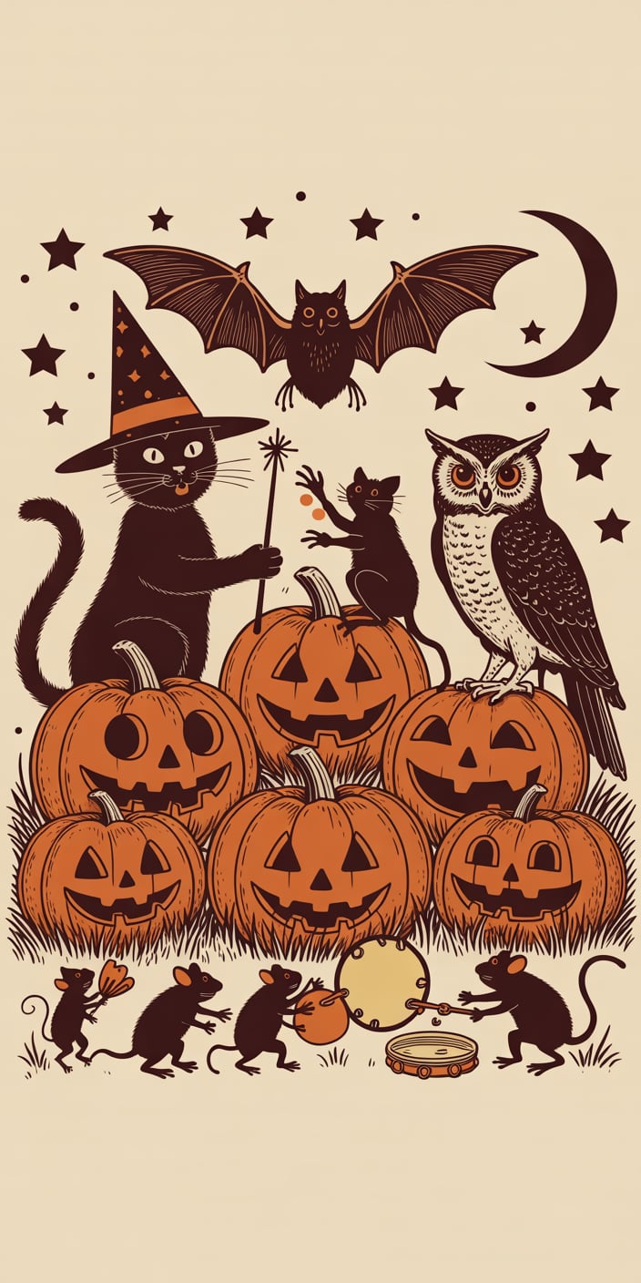 A playful black cat dressed as a witch stands among jack-o'-lanterns with an owl, bat, crescent moon, and starry sky in this vintage Halloween illustration. With mice performing a musical parade at the bottom, this quirky and nostalgic design radiates the charm of vintage Halloween phone wallpaper and Halloween wallpaper cute. The muted beige and orange tones make it a cozy and cheerful pick for your smartphone.