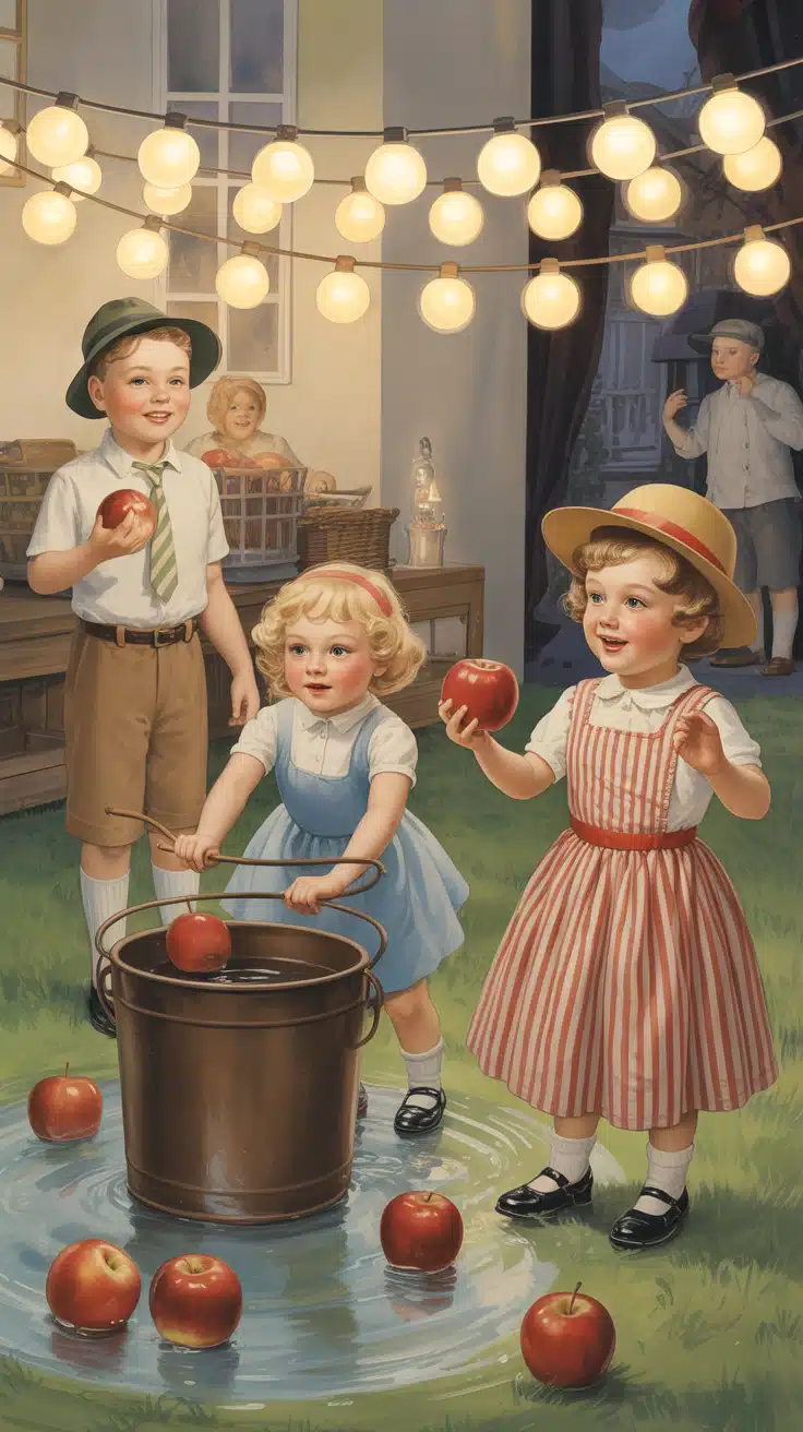 A joyful group of children in vintage attire enjoy a classic Halloween party game—bobbing for apples—under twinkling string lights in a backyard setting. The soft, painted style and wholesome scene reflect vintage Halloween phone wallpaper themes filled with warmth and nostalgia. The soft lighting, pastel tones, and smiling faces make this a delightful option for users who love cute fall wallpaper and Halloween traditions. This image captures the heart of childhood autumn celebrations.