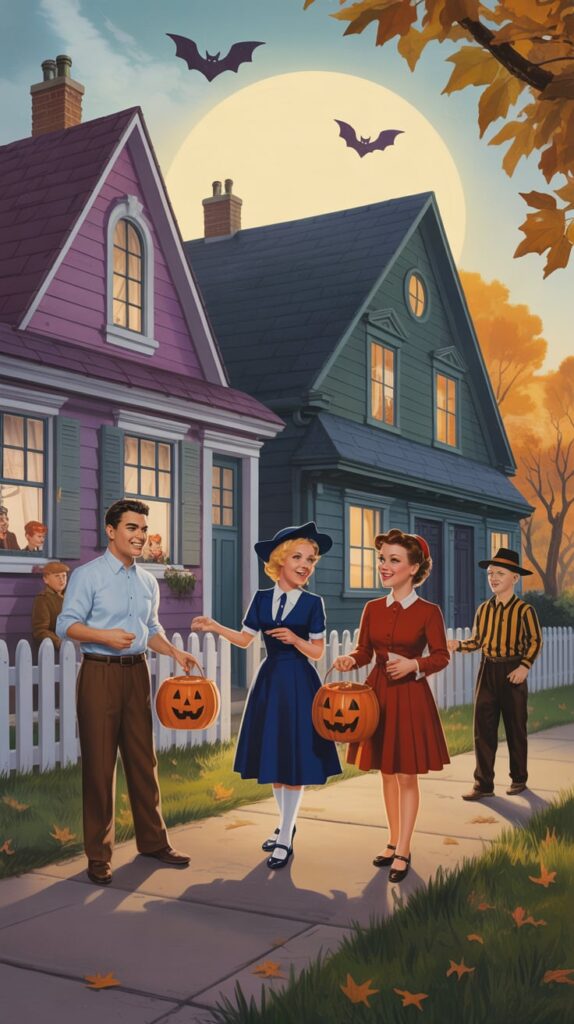A picturesque 1950s neighborhood is brought to life with bats flying across a full moon as kids and adults gather with jack-o’-lantern buckets. The scene glows with nostalgic charm and vintage fall colors, making it ideal for retro Halloween wallpaper and Halloween collage fans. This heartwarming depiction of community and Halloween tradition is perfect for smartphones.