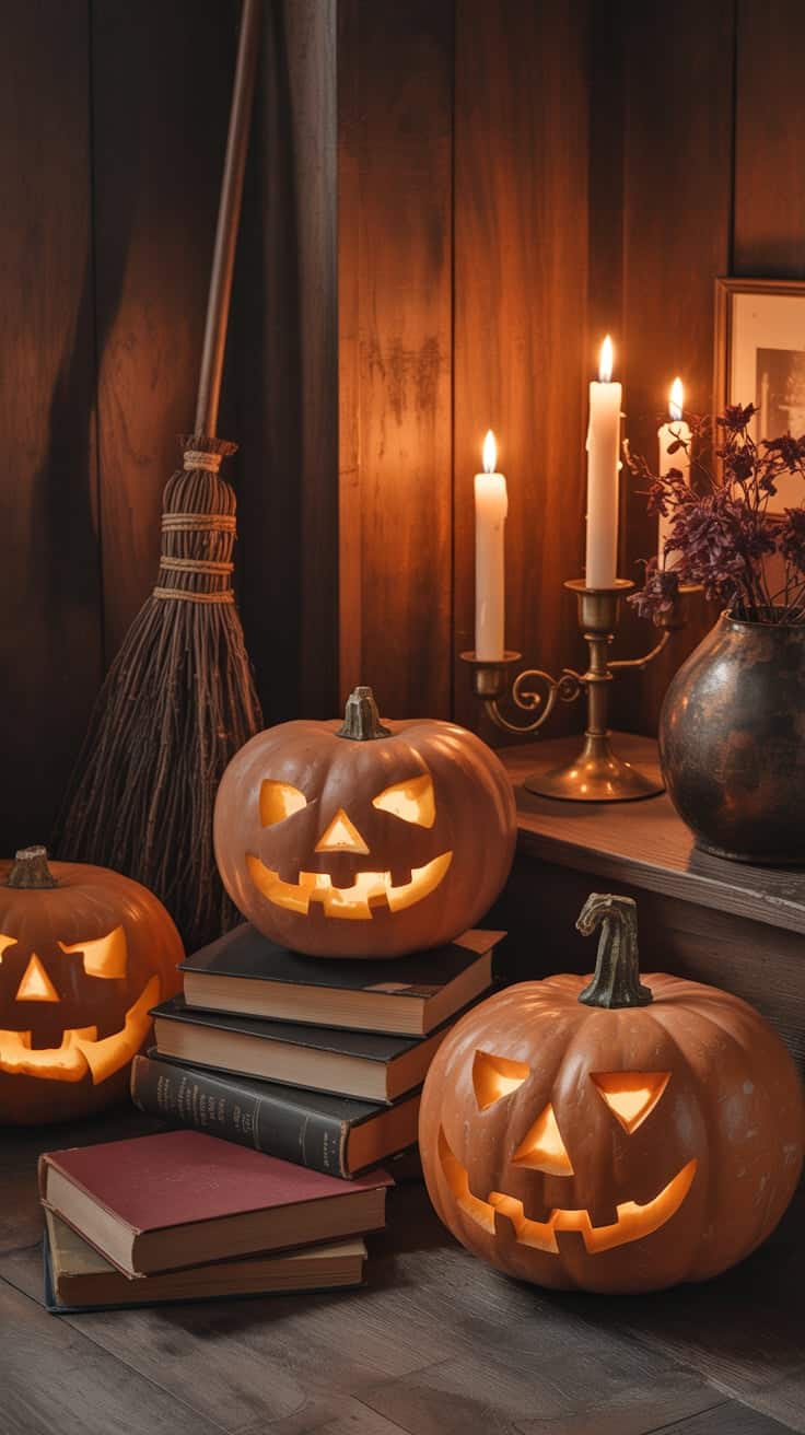 A festive Halloween store window display showcases a life-size skeleton surrounded by jack-o’-lanterns, vintage-style Halloween candles, and jars. The deep orange glow and classic shopfront add to the nostalgic Halloween wallpaper vibe, perfect for fans of retail charm and autumn aesthetics. This image blends whimsy and spookiness in the perfect balance, ideal for Halloween background and iPhone screens alike.