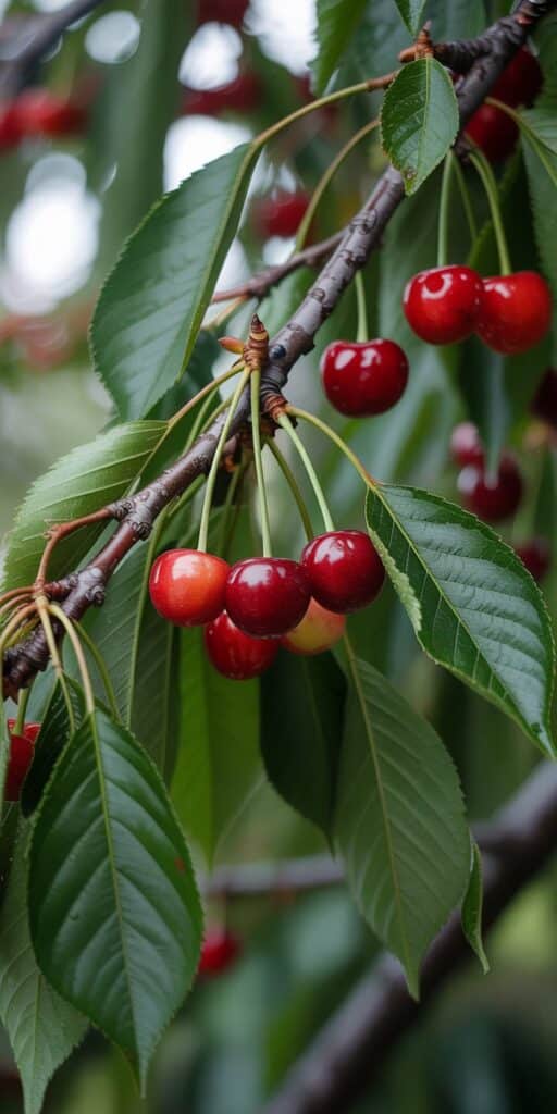 A natural and serene wallpaper featuring clusters of ripe cherries hanging from a tree branch surrounded by deep green leaves. The outdoor setting, enhanced by soft light and a gentle blur in the background, creates a peaceful cherry lockscreen aesthetic perfect for nature lovers. With its rich reds and vibrant foliage, this image brings the charm of summer orchards right to your cherry phone wallpaper collection.