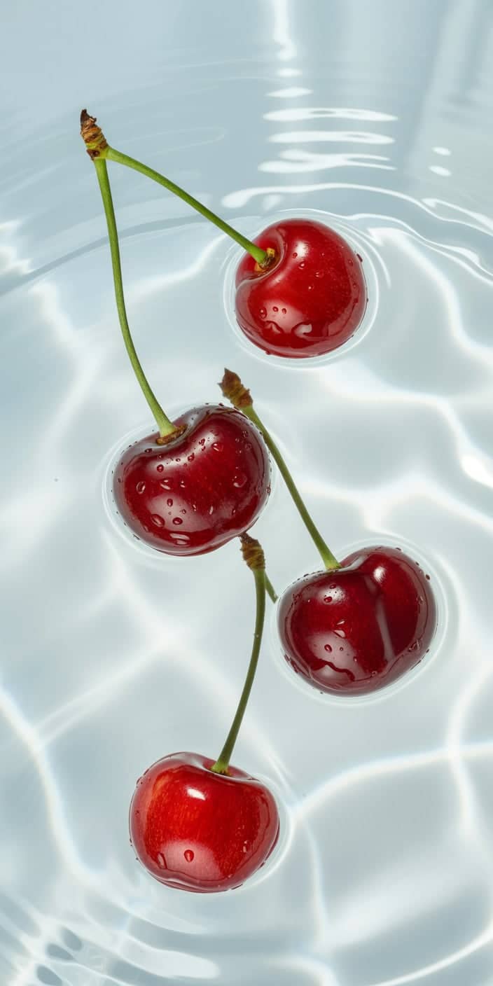 This wallpaper presents a serene and glossy view of cherries floating in crystal-clear rippling water, with each fruit glistening under natural light. The minimalist composition makes this a visually calming option for aesthetic cherry wallpaper fans. Ideal for iPhones, it combines cherry background aesthetic charm with a refreshing, clean visual style.