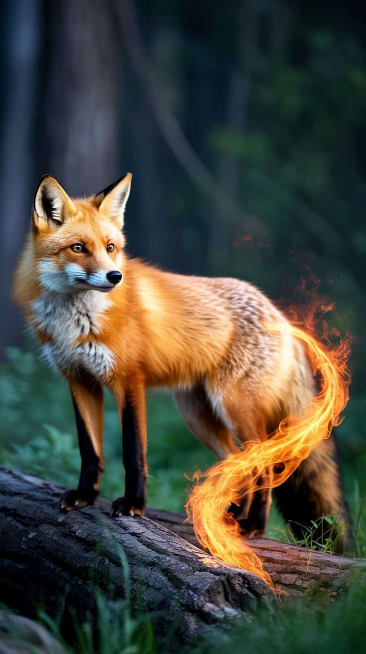 This mesmerizing fox wallpaper captures a fiery orange fox with a glowing tail of flame, set against a moody forest backdrop. The magical realism combined with vibrant hues makes this ideal for those who love neon orange and black and crave a fantasy-style neon orange aesthetic. A striking visual for your iPhone, this wallpaper infuses wild beauty with a touch of mysticism and color intensity.