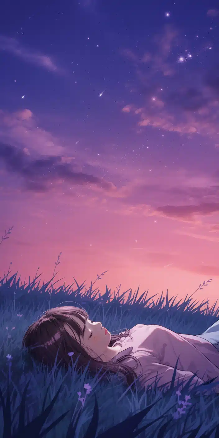 An illustrated anime-style girl lies peacefully in a dreamy purple field beneath a pink and violet starlit sky. Shooting stars and twinkling constellations stretch across the sky, blending beautifully with the soft clouds and warm dusk tones. Perfect for fans of Wallpaper Fantasy and Aesthetic Pink And Purple, this iPhone background adds an emotional, serene feel to your screen. The soft lighting and pastel palette make it ideal for both anime lovers and dreamy aesthetic fans.