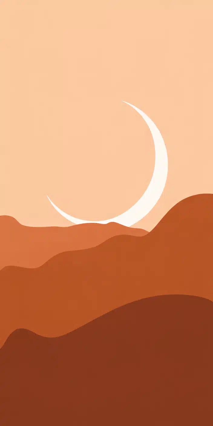 This minimalist wallpaper features a pale crescent moon rising over abstract orange and burnt sienna hills on a soft peach background. It beautifully blends light orange aesthetic wallpaper and orange aesthetic wallpaper vintage styles. With its clean curves and desert-inspired tones, it’s ideal for iPhone users who love calm, graphic visuals.
