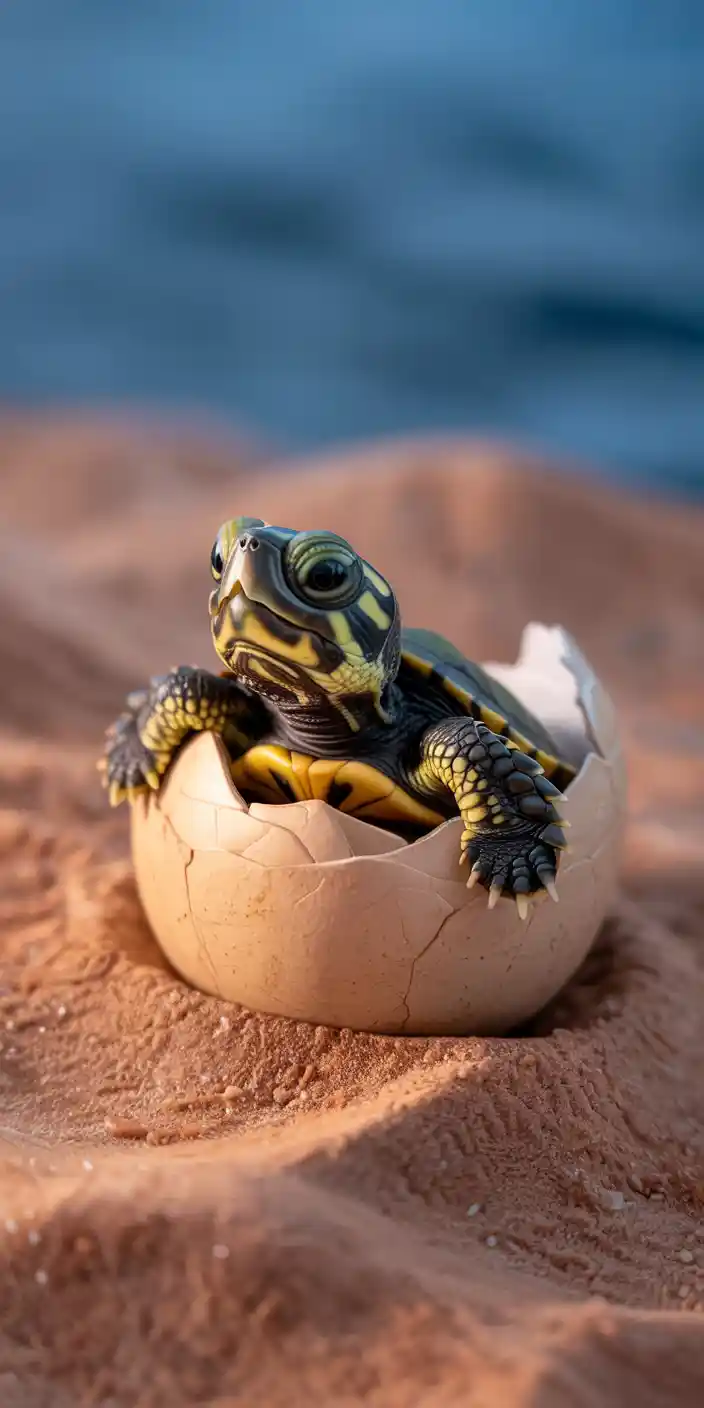 A baby turtle emerges from its egg on sandy terrain with the ocean softly blurred in the background. This adorable close-up captures the moment of birth and exploration, making it perfect for those seeking turtle aesthetic wallpaper and cute images for wallpaper. The soft tones and gentle lighting make it a great summer-themed choice for iPhones and other smartphones.