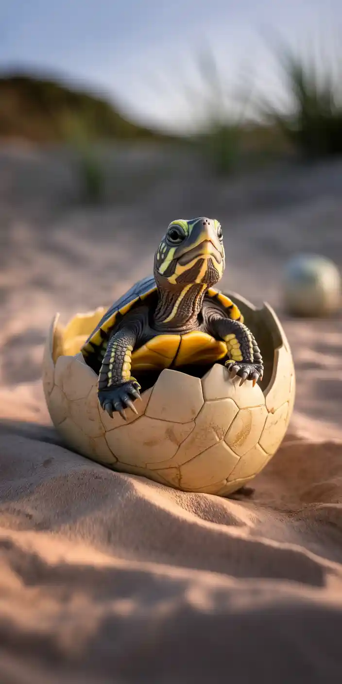 This heart-melting wallpaper captures a baby turtle emerging from a cracked egg on soft beach sand, surrounded by warm light. Its bright eyes and delicate shell markings make this image a perfect representation of new life and summer warmth. Ideal for anyone searching for cute turtle wallpaper laptop or turtle aesthetic, this tender moment brings life and joy to your iPhone screen.