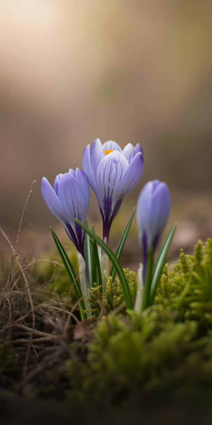 This elegant close-up of blue crocus flowers blooming from a mossy forest floor captures the delicate start of spring. With soft purple-blue petals and a glowing golden center, the flowers stand out beautifully against the blurred earthy background. Perfect as a spring wildflowers wallpaper or a blue flower wallpaper iPhone, this natural scene brings freshness and simplicity to any device. A subtle nod to the awakening season, it's a calming way to celebrate new beginnings.