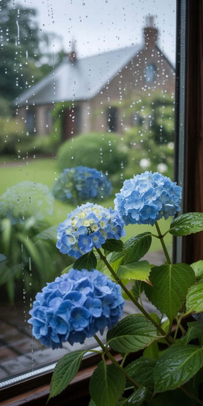 A cozy and calming scene of blue hydrangeas blooming beside a rain-speckled window, with a cottage garden in the background. The soft lighting and dewy petals evoke the gentle freshness of spring. This cute floral iPhone wallpaper is perfect for users who love flower-filled moments and a soft light blue mood board aesthetic. It blends comfort and seasonal charm, making it a delightful spring phone background.
