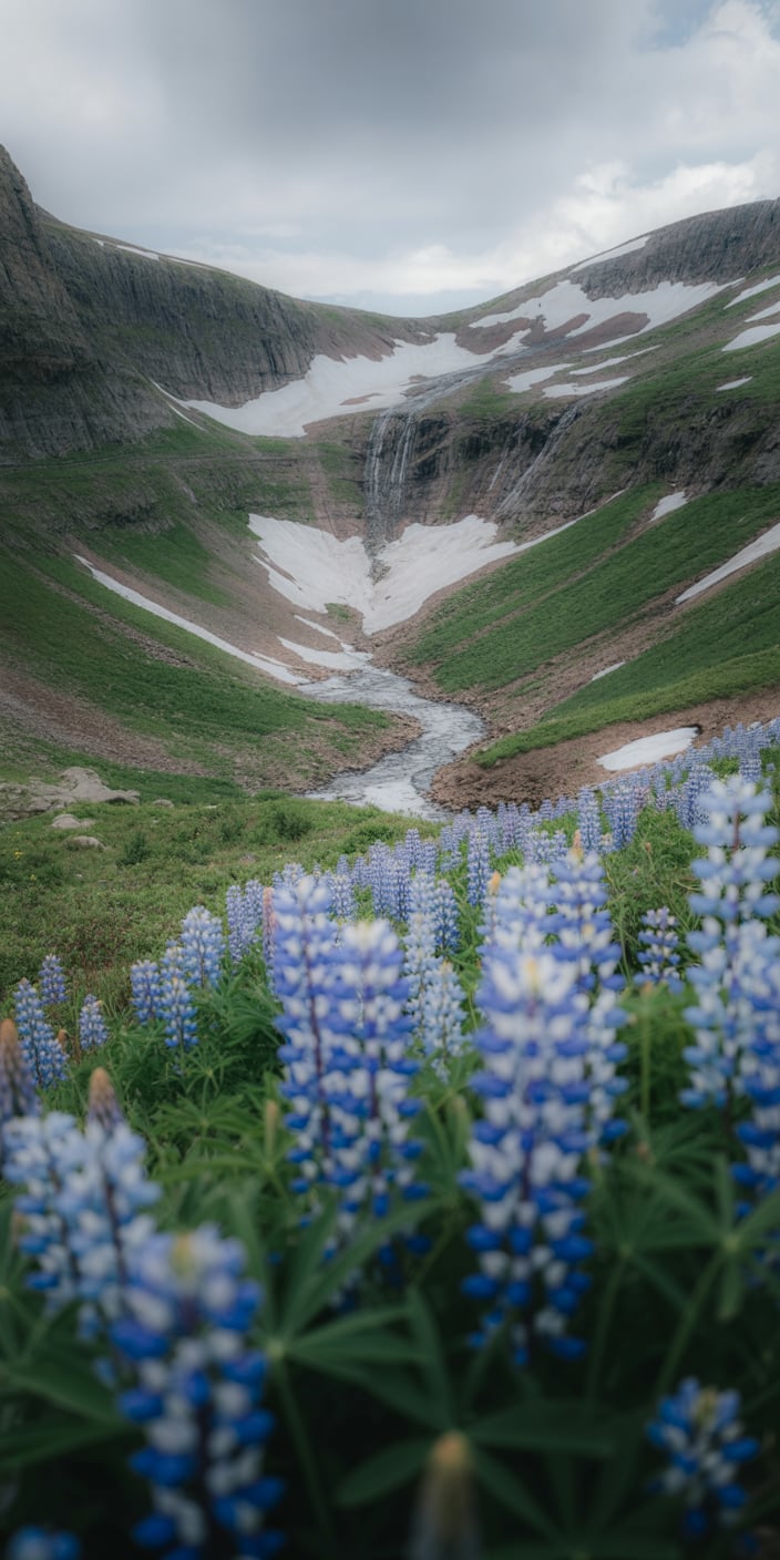 A breathtaking alpine valley dotted with snow patches and cascading waterfalls, foregrounded by a vibrant bloom of blue lupine flowers. The contrasting elements of crisp mountain air and soft spring florals create a refreshing, bold composition. Ideal for spring wildflowers wallpaper fans or lovers of rugged scenery with a floral twist, this wallpaper captures the essence of spring’s renewal in the wild.
