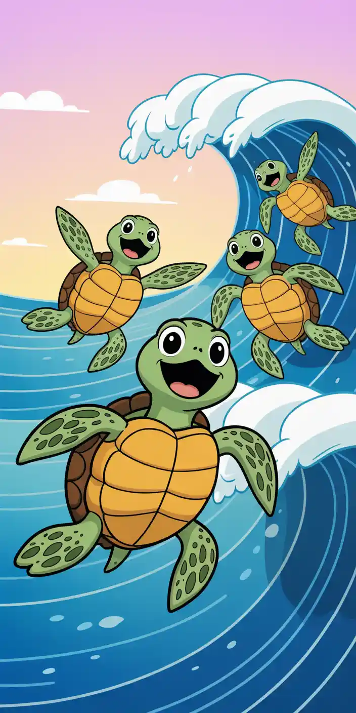 This playful cartoon wallpaper features a group of animated sea turtles joyfully surfing ocean waves under a pink and blue sky. The cheerful expressions and vibrant colors make this a perfect design for fans of cute images for wallpaper and summer prints wallpaper. Ideal for kids, teens, or anyone wanting a fun and energetic background, this lively turtle-themed art brings happiness to any iPhone or Samsung screen. Add a dose of fun to your phone with this beachy, preppy design.