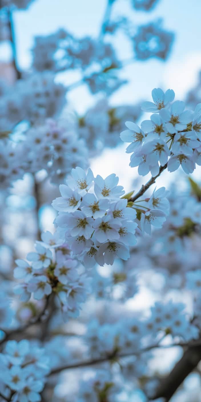 Soft white cherry blossoms bloom against a vivid blue sky in this dreamy springtime wallpaper. The delicate floral details and airy light make it perfect as a spring flower wallpaper iPhone or pastel wallpaper blue background. A romantic and peaceful image that brings the freshness of spring to your lock screen.