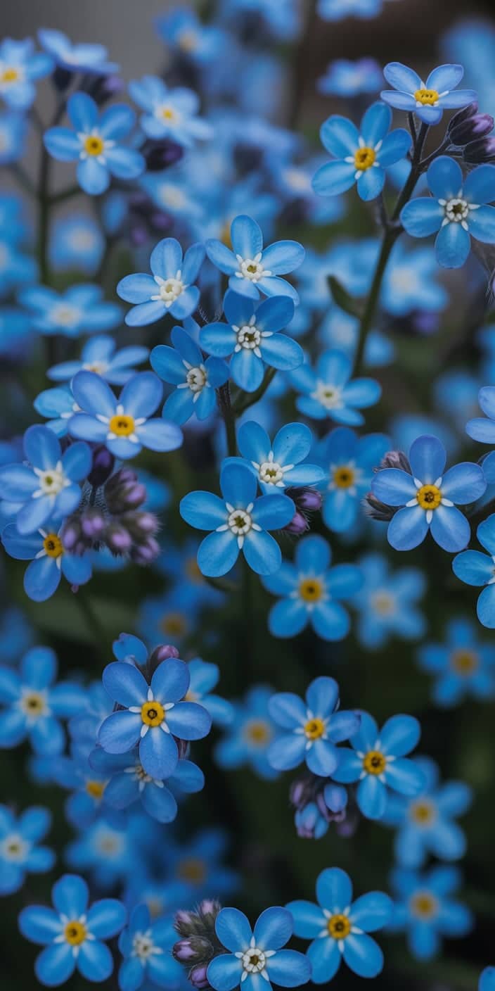 A vibrant close-up of blue forget-me-nots, bursting with delicate petals and soft yellow centers. The floral detail pops beautifully against the blurred background, offering a vivid and intimate view of springtime. Ideal as a blue flower wallpaper iPhone or cute blue flowers background for anyone seeking nature’s soft, cheerful charm on their phone.
