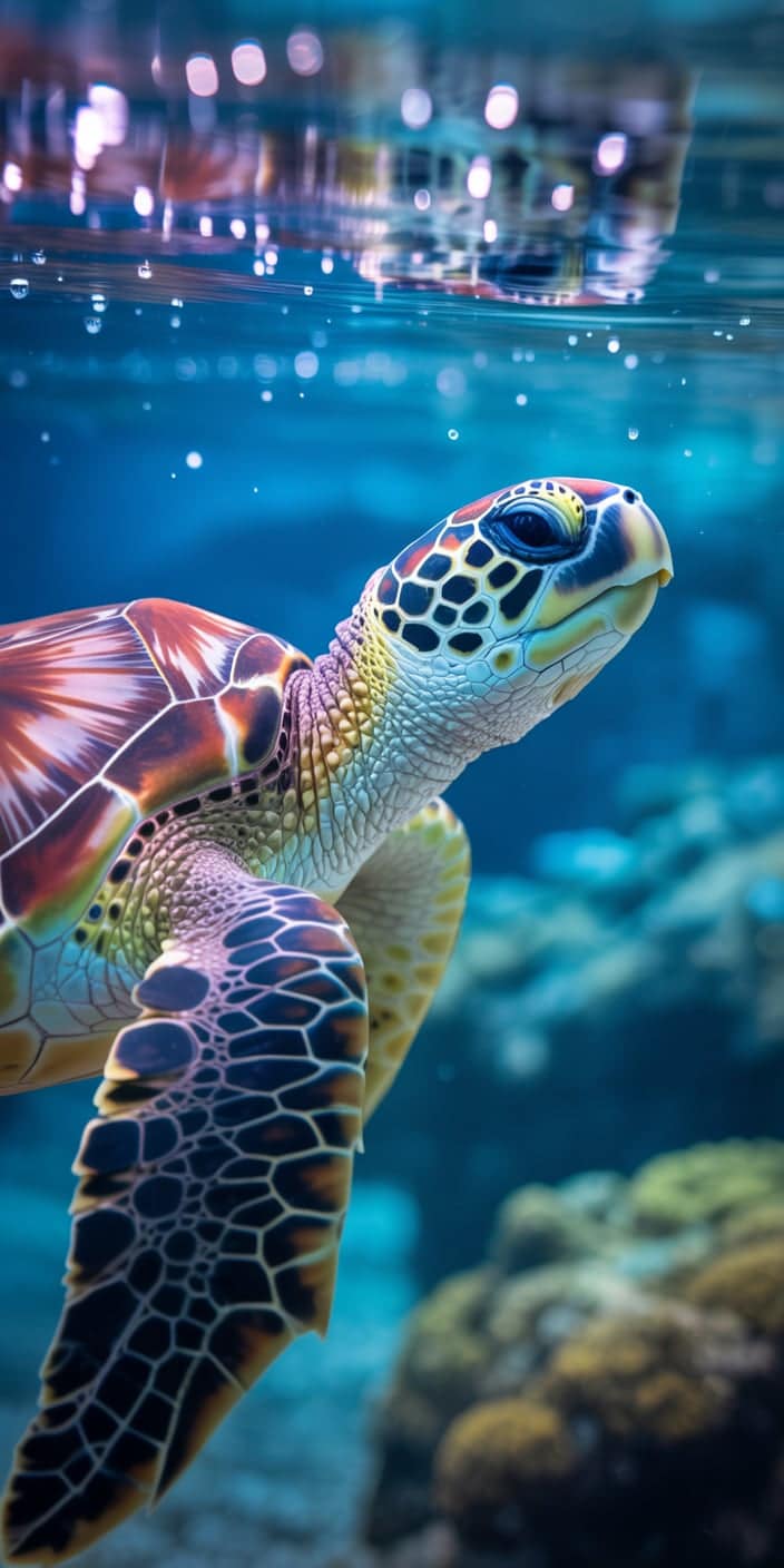 This stunning close-up of a sea turtle swimming just below the surface captures intricate shell and skin details in vibrant color. Gentle bokeh lights reflect on the water above, adding a dreamy touch to the scene. Perfect for fans of sea turtle pictures and turtle aesthetic wallpaper, this wallpaper brings both elegance and personality to any smartphone screen.