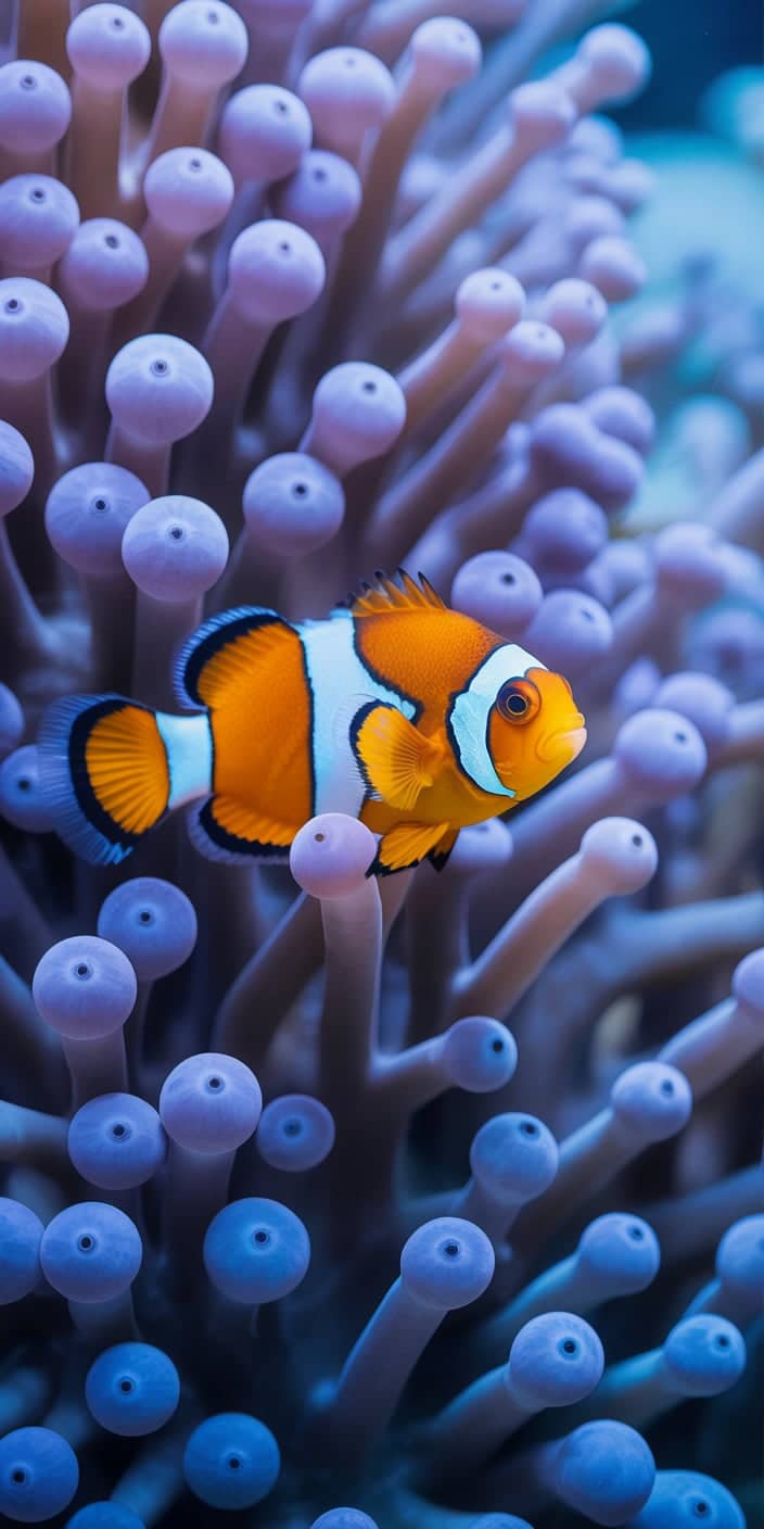 A vibrant orange clownfish swims through a sea of purple-tipped coral anemones in this lively underwater wallpaper. The deep blues and vivid orange make this design incredibly eye-catching and energetic. It's an ideal option for anyone looking for a coral wallpaper iPhone background that combines marine life with vibrant color. The scene balances natural beauty with an adventurous pop of personality.