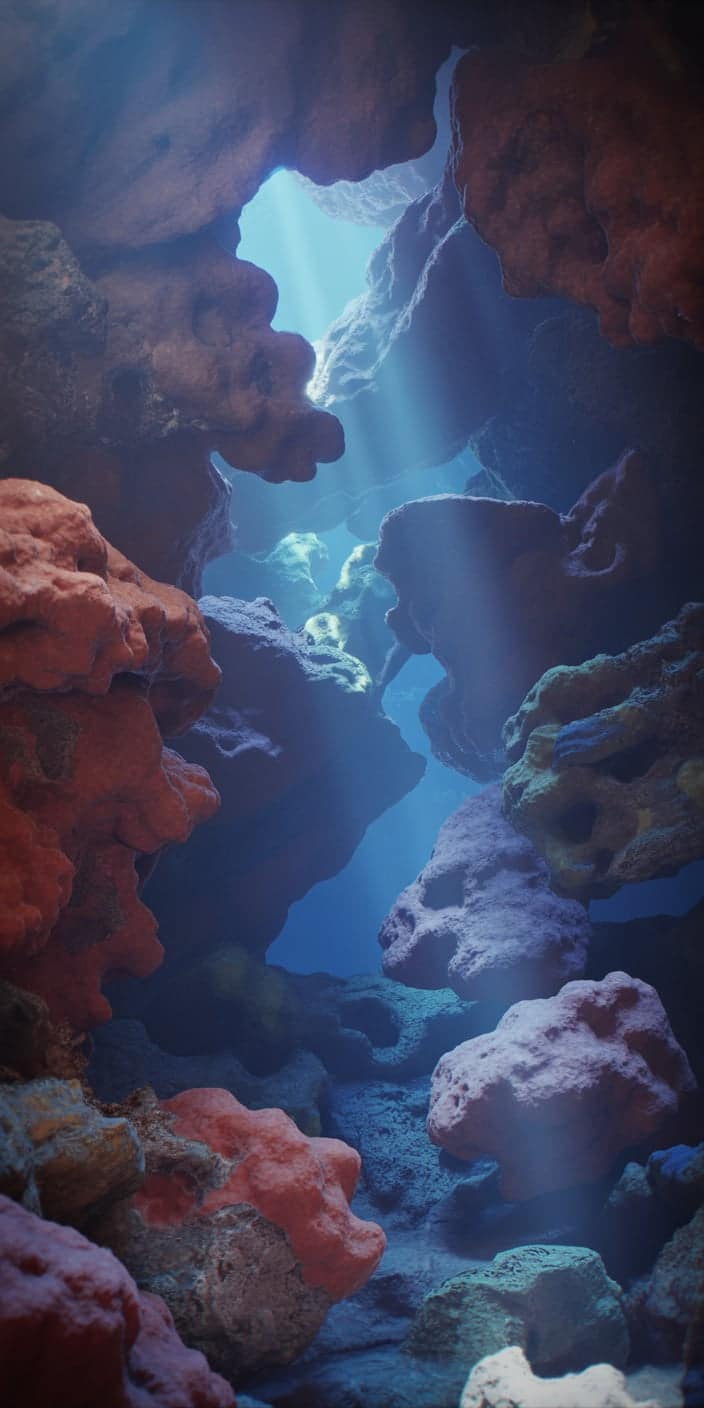 This mesmerizing underwater scene features a coral cave illuminated by ethereal rays of sunlight piercing through the water. The mix of soft purples, reds, and cool blues evokes a serene, almost mystical mood. Perfect for lovers of coral color background and coral aesthetic wallpaper, this wallpaper transports your screen into the hidden beauty of the ocean’s depths. It brings both adventure and calm to your phone.