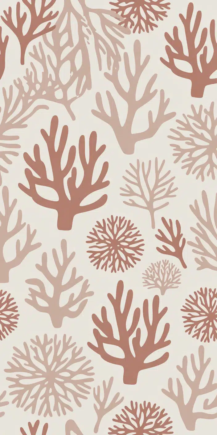 This delicate pattern wallpaper features a range of coral silhouettes in blush, dusty rose, and peach tones, all laid against a soft off-white background. The rounded and branching coral shapes bring a sense of calm, minimal design while still nodding to ocean-inspired elements. It’s a gorgeous fit for those who love coral wallpaper aesthetic and peach wallpaper iPhone styles. This charming layout gives your smartphone screen a coastal yet modern feel.