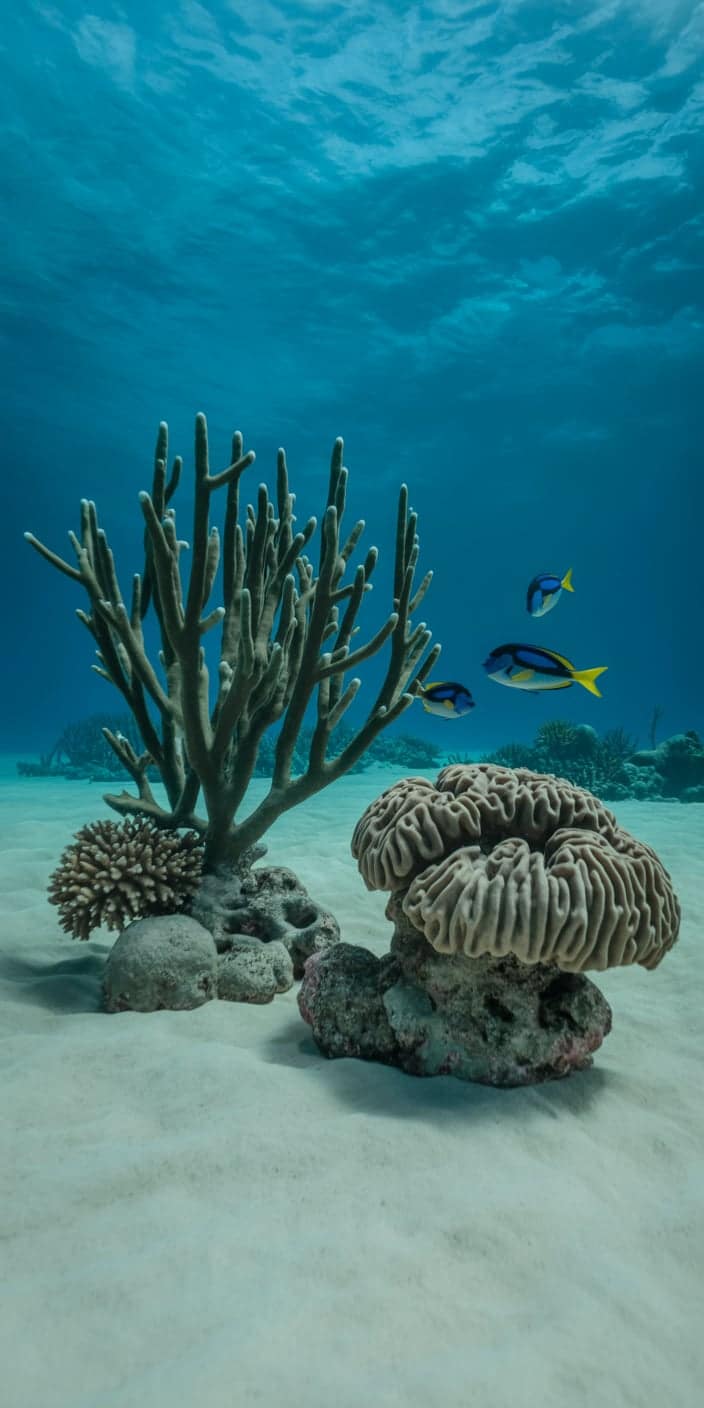 A striking reef outcrop stands tall against clear ocean waters, with vibrant tang fish swimming around coral forms. The sandy seabed and deep azure hues create a crisp coral color background that’s perfect for coral wallpaper iPhone lovers. The vibrant yet calming composition gives a natural underwater escape for your smartphone screen.