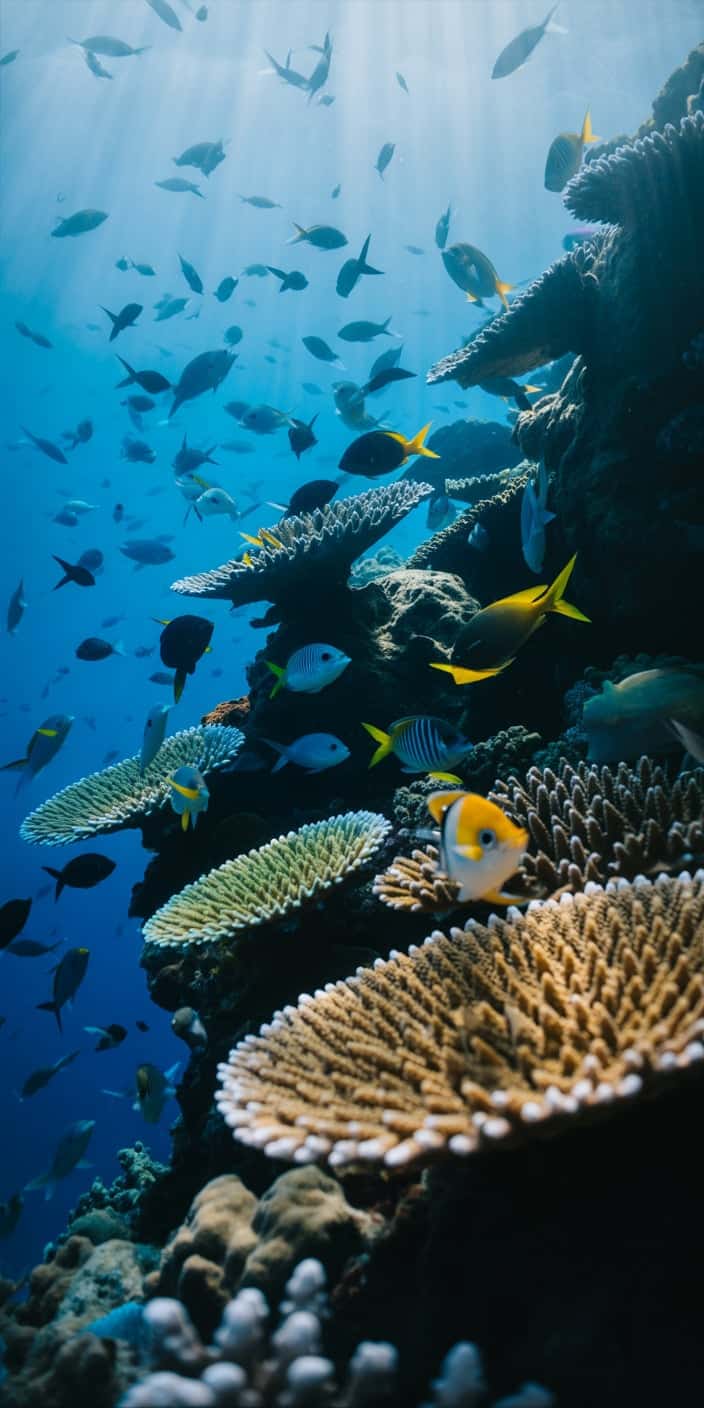 A dynamic underwater scene captures a vibrant coral ledge teeming with tropical fish illuminated by streaming sun rays. The soft blues and golden coral plates create a vibrant yet calming coral wallpaper iPhone effect, perfect for those drawn to ocean scenes. This wallpaper is ideal for anyone looking to bring tropical marine life and color to their smartphone.