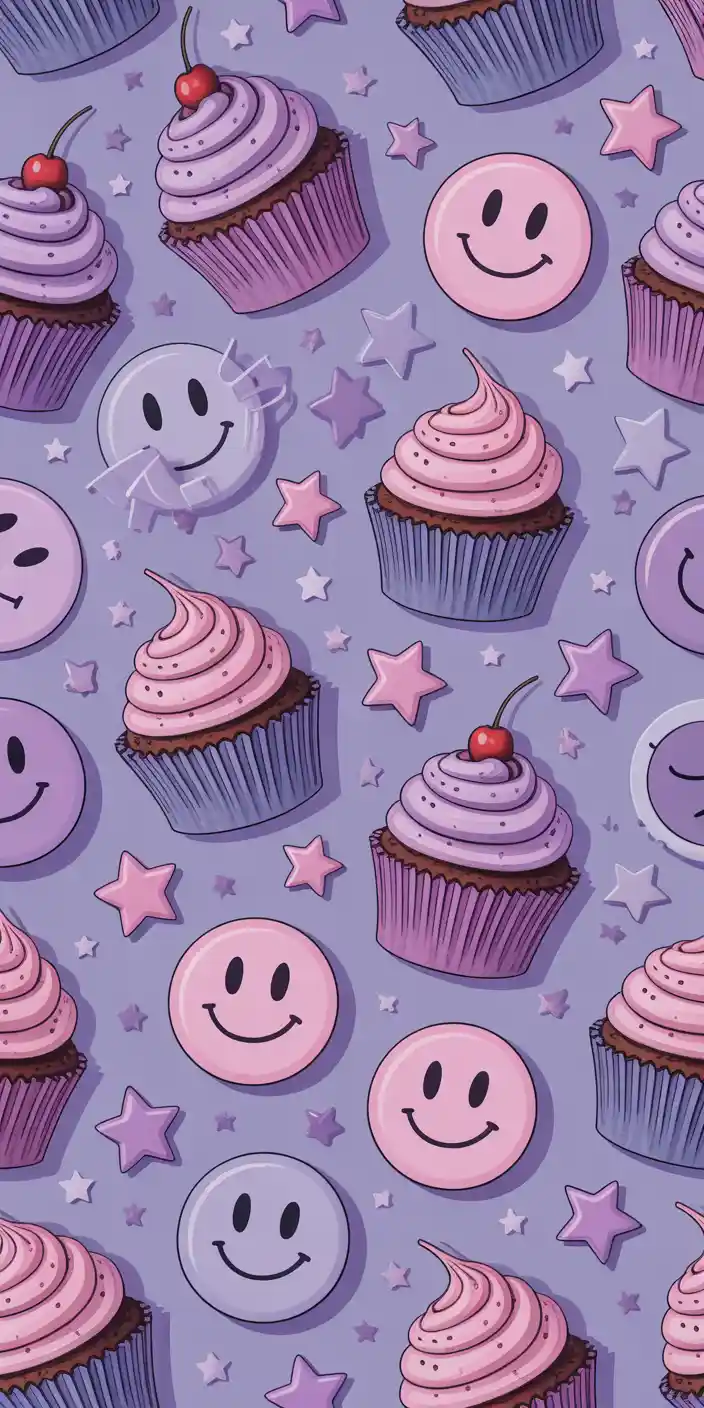 A playful and colorful pattern featuring purple and pink frosted cupcakes, cheerful smiley faces, and pastel stars on a soft lavender background. This fun design is perfect for those who love Cute Pink Wallpaper Girly and Background Girly, blending whimsical food elements with a happy, girly aesthetic. The cheerful vibe and detailed illustrations make this an eye-catching and fun wallpaper choice for iPhones.