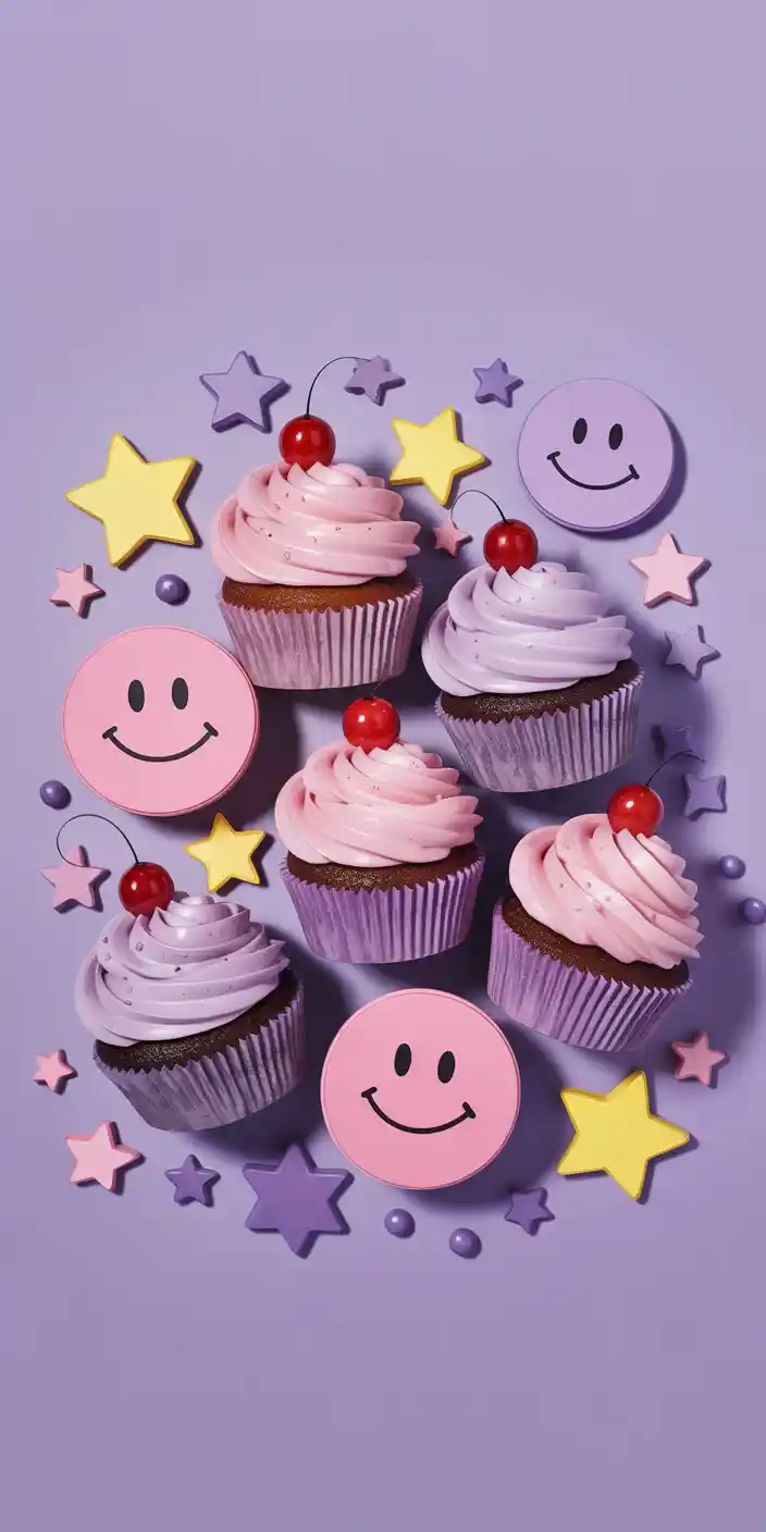 An adorable arrangement of frosted cupcakes in pink and purple shades surrounded by smiley faces and pastel stars on a lavender background. The glossy cherries, playful symbols, and colorful palette make this a delightful choice for fans of Cute Pink Wallpaper Girly and Background Girly. Its cheerful and vibrant energy creates a fun, youthful look perfect for anyone who wants their iPhone screen to radiate happiness.