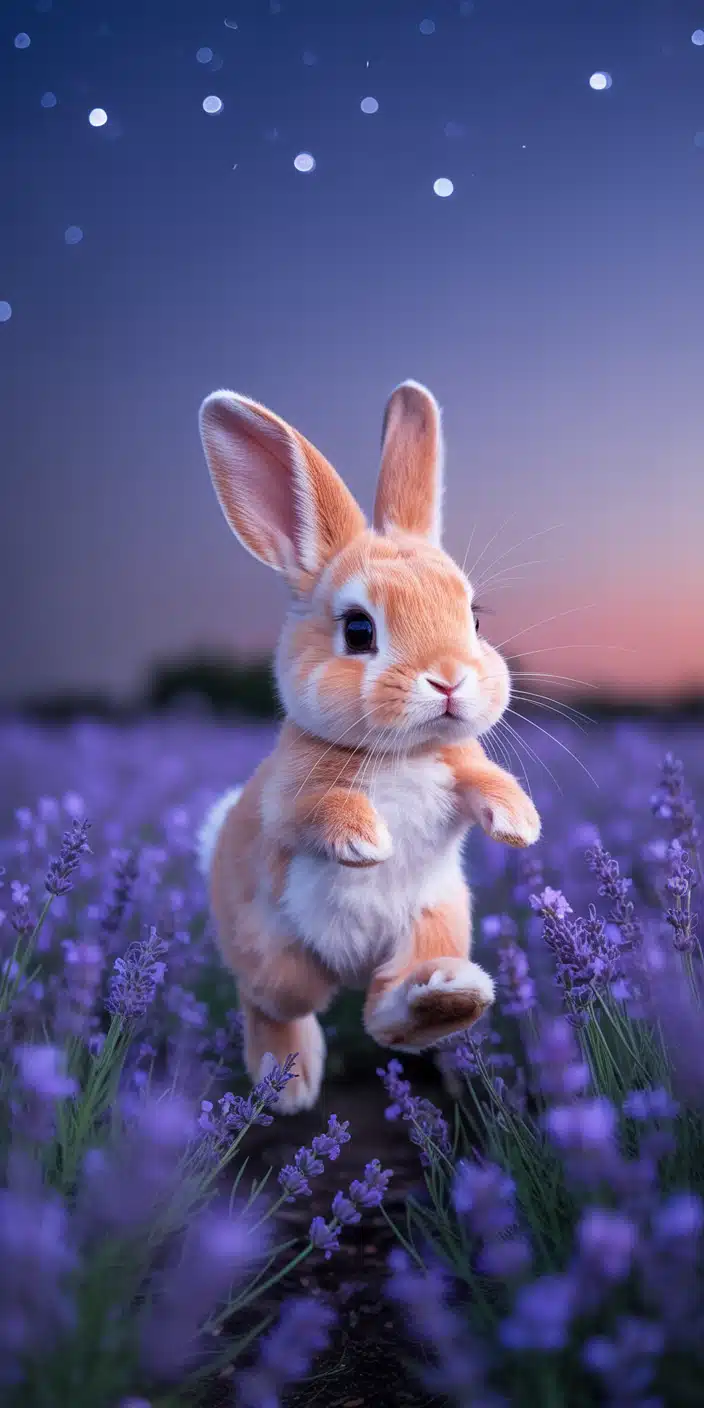 This adorable baby bunny hops through a dreamy field of lavender under a dusky pink and purple sky. With its soft fur, twinkling stars above, and magical lighting, the scene feels straight out of a fantasy world. It’s a perfect fit for fans of Cute Pink Wallpaper Girly and Wallpaper Fantasy who want charm and softness on their phone screen. The blend of nature, animals, and dreamy color makes this an irresistible iPhone wallpaper.