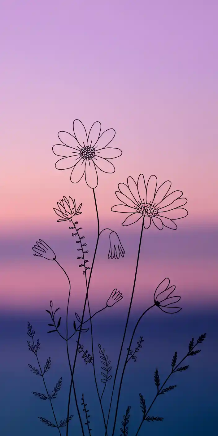 A minimalist illustration of outlined daisies stands against a soft pink and purple sunset gradient, blending natural charm with modern line art. This gentle and elegant wallpaper is perfect for lovers of Pink Background Wallpapers Iphone and Aesthetic Pink And Purple. Its peaceful vibe and delicate floral detail make it an ideal iPhone background for a soft, artistic look.