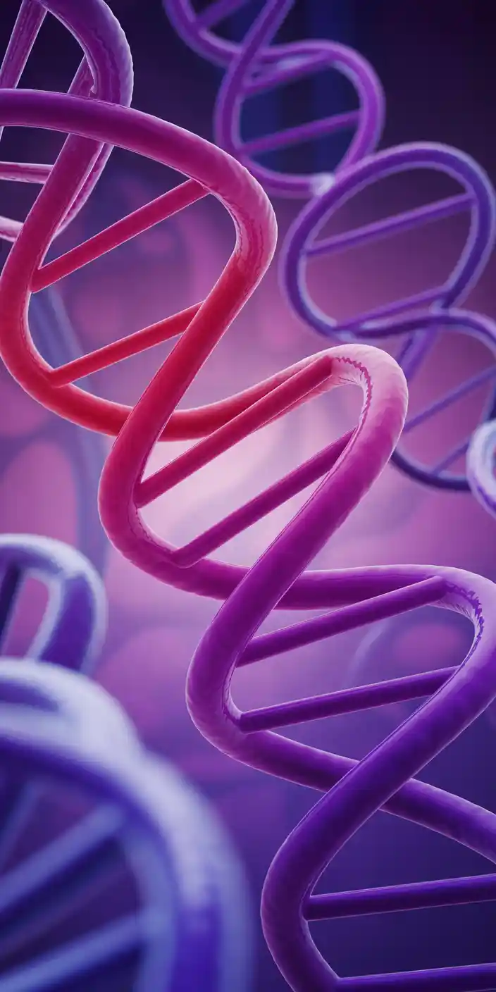 A 3D rendering of intertwined DNA strands in vibrant shades of purple and pink, glowing against a softly blurred background. The abstract science theme and striking color contrast make this wallpaper an excellent pick for fans of Aesthetic Pink And Purple and Wallpaper Fantasy. Its mix of organic curves and digital polish makes it stand out as a tech-meets-art background for iPhone and Samsung users alike.